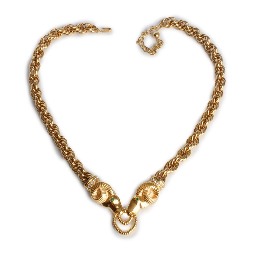 Kenneth J Lane Necklace Ram Heads Rhinestones Gold Metal Chunky Chain 80s KJL